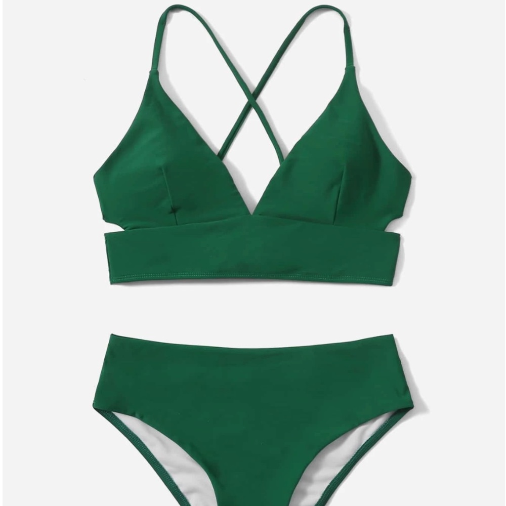 SHEIN NWT Cut-out Lace Up Bikini Swimsuit Army Green Size L (8/10)